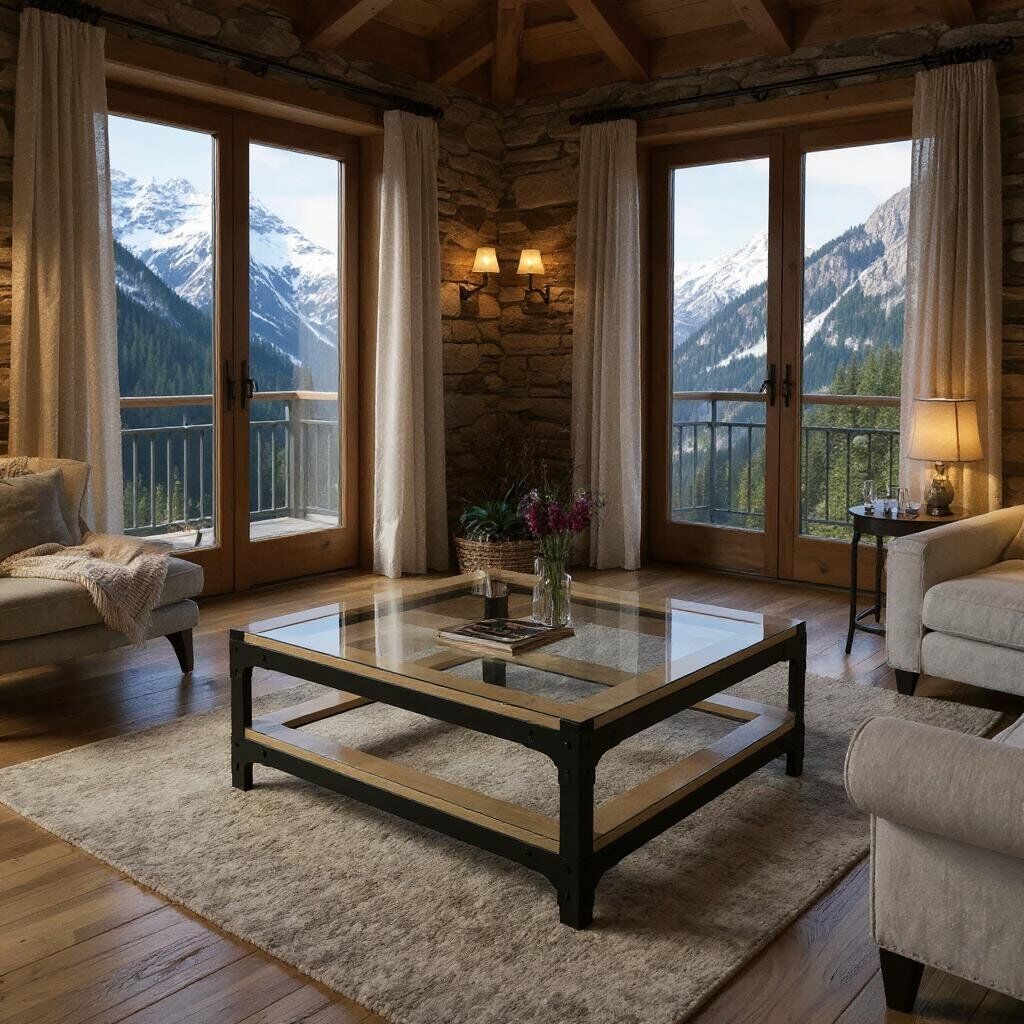 Alpine Coffee table 1400 x 1400 Inifnity Glass top and bottom shelf, in colour ash in a cosy living room with an alpine view.
