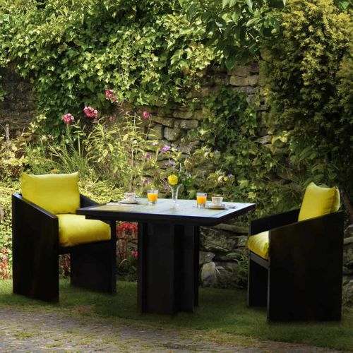 Industrial Style Bistro Table in Yellow Ironfire's Bold Yellow Bistro Table with yellow cushions