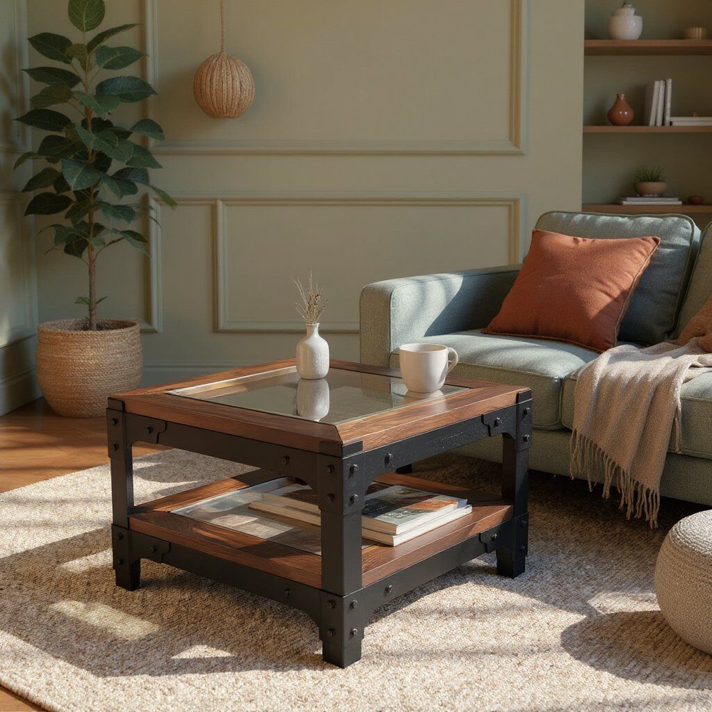Inset Glass Infinity 600mm x 600mm Carob Inlaid Glass infinity Coffee table 600 x 600 in colour Carob in a sunlit living room with sage green walls and sofa.