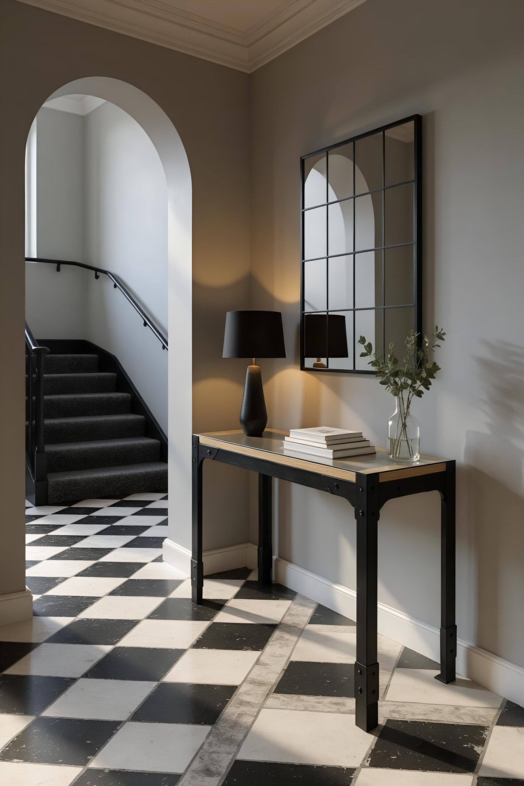 Ironfire Minimal glass top console table checkerboard flooring