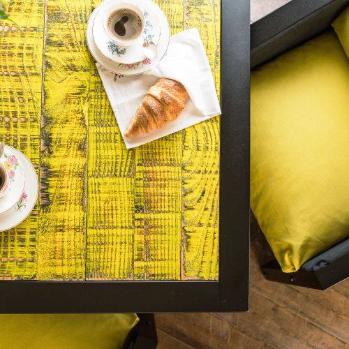 Douglas fir topped bistro table with cushioned industrial chic chairs Bespoke coloured Iron-Fire bistro table and chair set