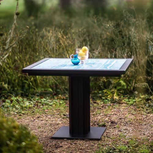 Large Square Table with a Blue Douglas Fir Top Ironfire Blue Bistro Table in the garden