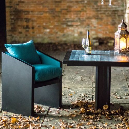 Large Square Galvanised Steel Bistro Table Industrial style bistro table with turquoise top and complimentary cushions